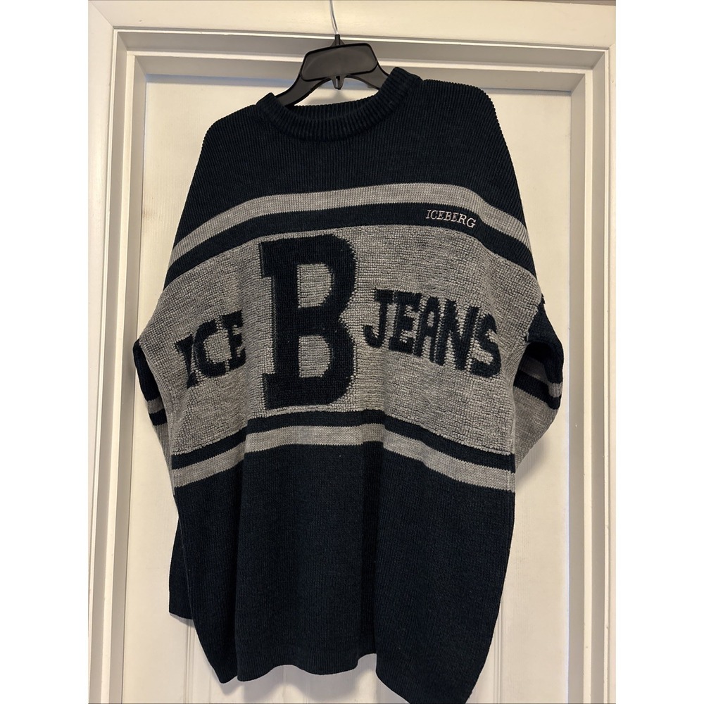 Vintage Iceberg Jeans Oversized Logo Blue/Gray Sweater XXL Made in Italy